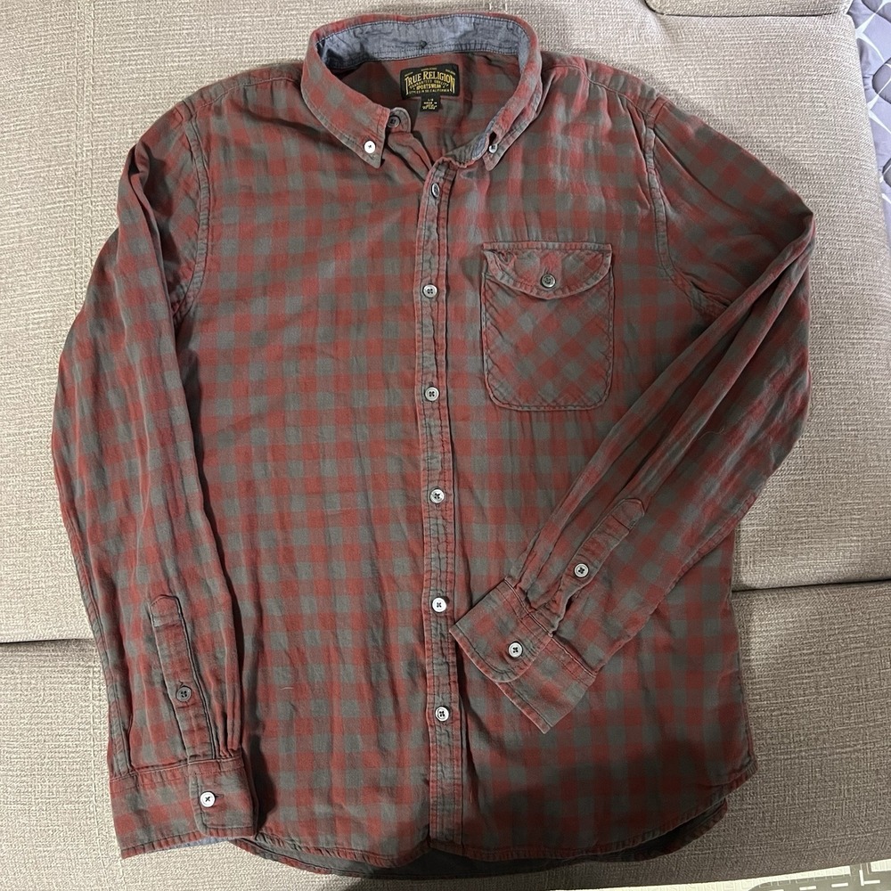 True Religion Sportswear Men's Button Down Plaid Shirt Size Large‎ Red & Gray